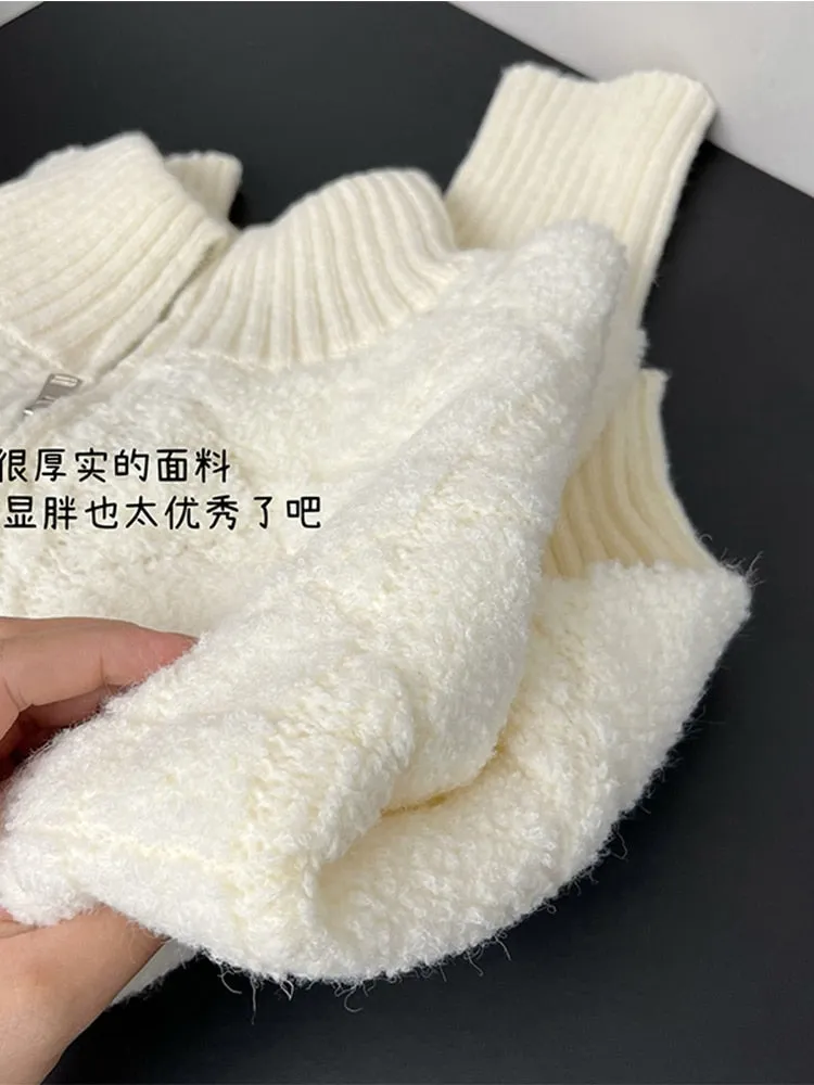 2022 Autumn Winter Knitwear Women Thicken Warm Short Knit Cardigan Outer Half High Collar Short Sweater Zipper Female Lambs Wool