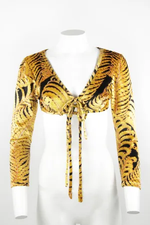 70s Velvet cropped top with tie middle - Black and orange - S