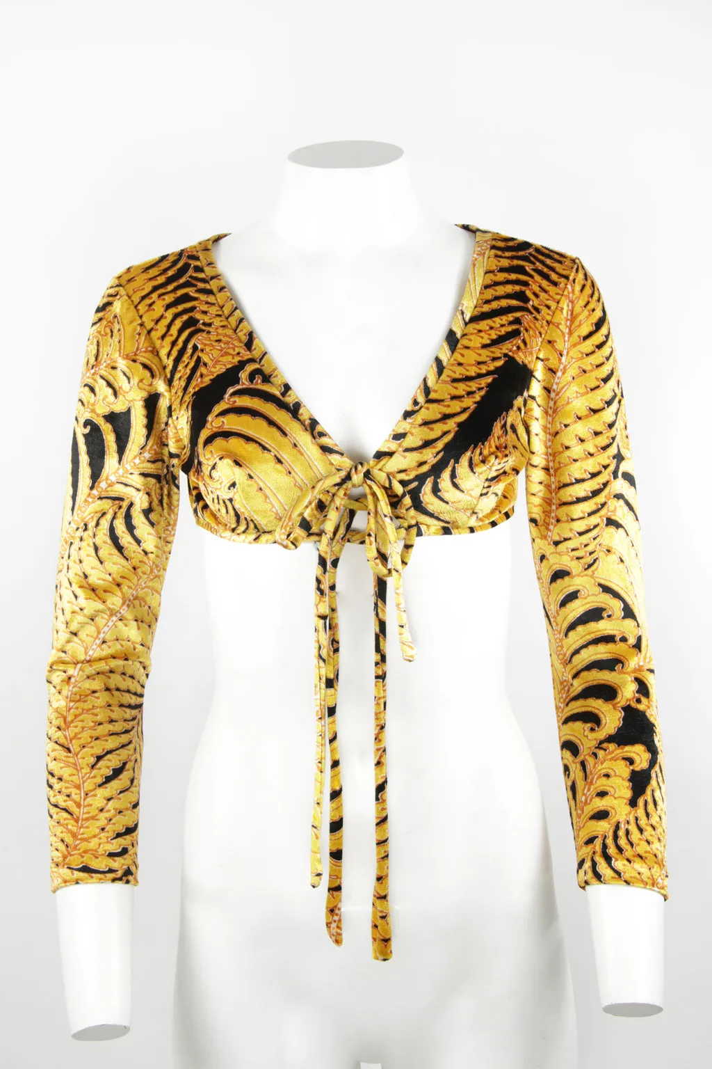 70s Velvet cropped top with tie middle - Black and orange - S
