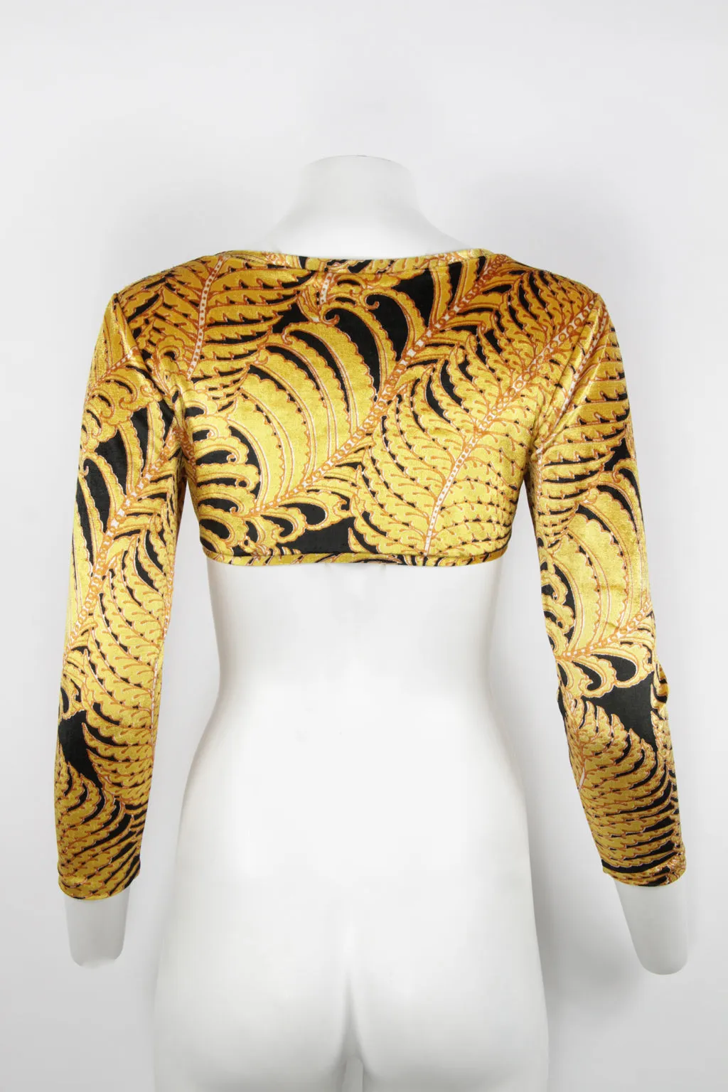 70s Velvet cropped top with tie middle - Black and orange - S