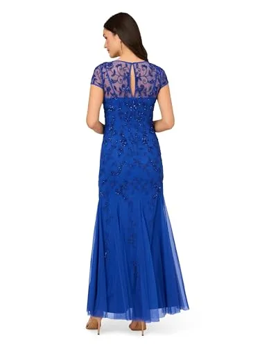 Adrianna Papell Studio Women's Bead Mesh Godet Gown, Brilliant Sapphire, 4