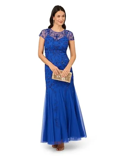Adrianna Papell Studio Women's Bead Mesh Godet Gown, Brilliant Sapphire, 4