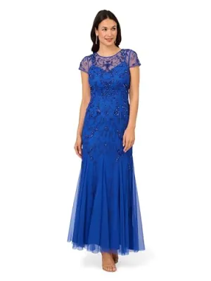 Adrianna Papell Studio Women's Bead Mesh Godet Gown, Brilliant Sapphire, 4