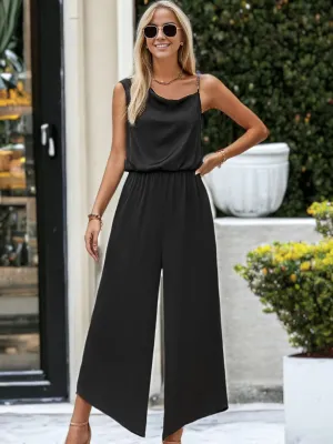 Asymmetric Shoulder Strap Draped Flared Leg Jumpsuit