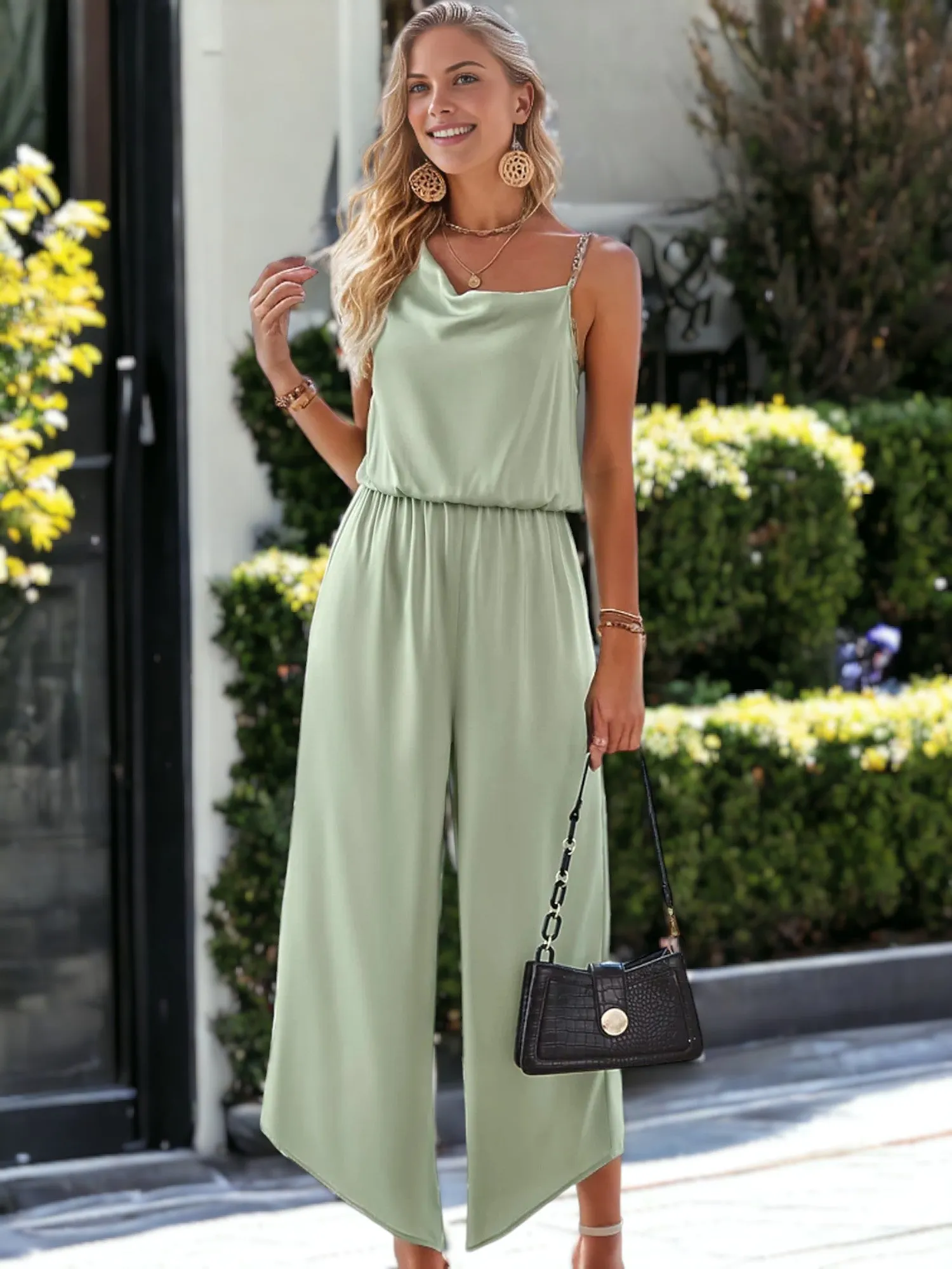 Asymmetric Shoulder Strap Draped Flared Leg Jumpsuit