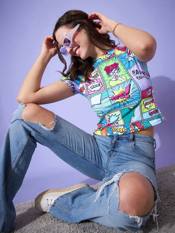Berrylush Women Multicolour Graphic Printed Round Neck Regular Sleeves Knitted Regular T-Shirt