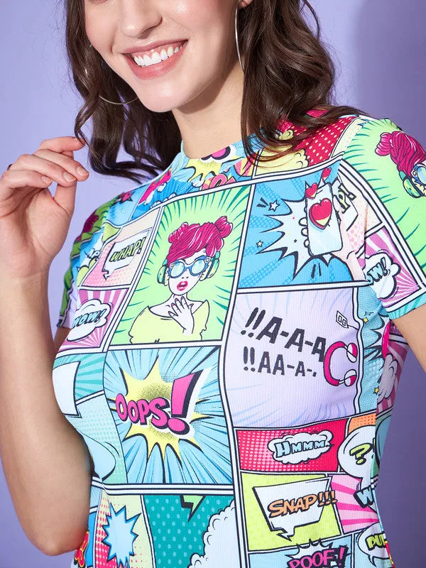 Berrylush Women Multicolour Graphic Printed Round Neck Regular Sleeves Knitted Regular T-Shirt
