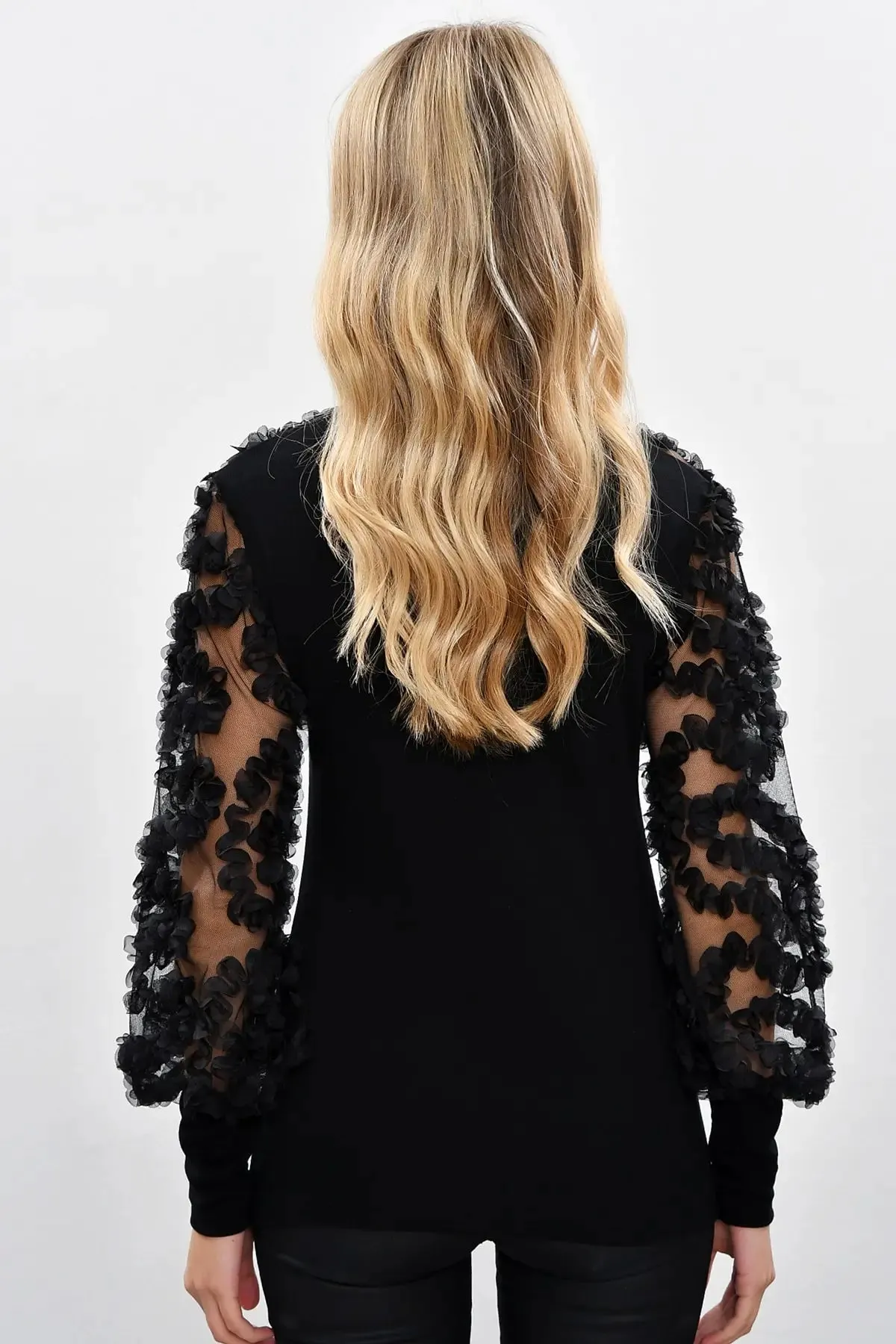 Black Tulle Front Ruffle Blouse