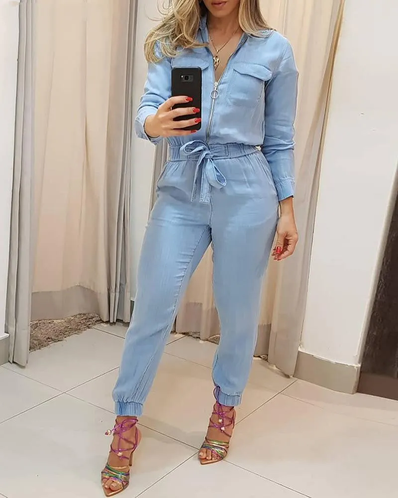 Blue Zipper Jumpsuit Trousers