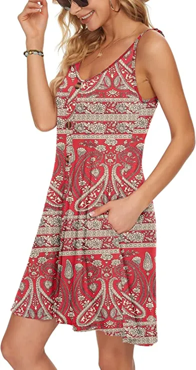Boho Black Flower Summer Dress Spaghetti Strap Dresses Beach Cover Ups Casual V Neck Mini Sundress with Pockets - WNEEDU