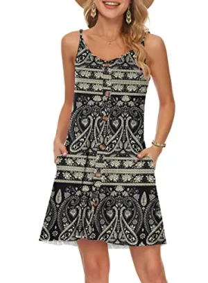 Boho Black Flower Summer Dress Spaghetti Strap Dresses Beach Cover Ups Casual V Neck Mini Sundress with Pockets - WNEEDU