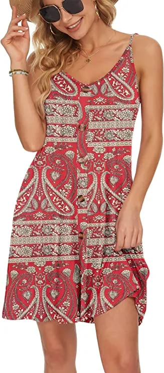 Boho Black Flower Summer Dress Spaghetti Strap Dresses Beach Cover Ups Casual V Neck Mini Sundress with Pockets - WNEEDU