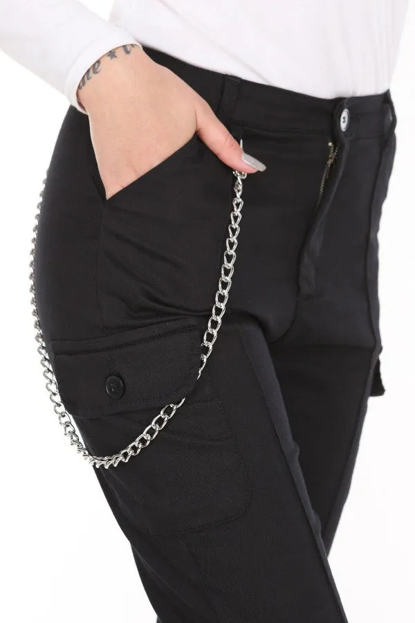 Chain Detail Slim Fit Stretchy Black Cargo Trousers