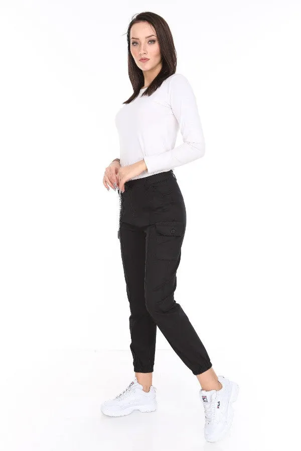 Chain Detail Slim Fit Stretchy Black Cargo Trousers
