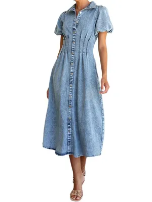 Chouyatou Women Long Denim Dress Puff Sleeve Button Down Casual Slim Fit Midi Jean Shirt Dress