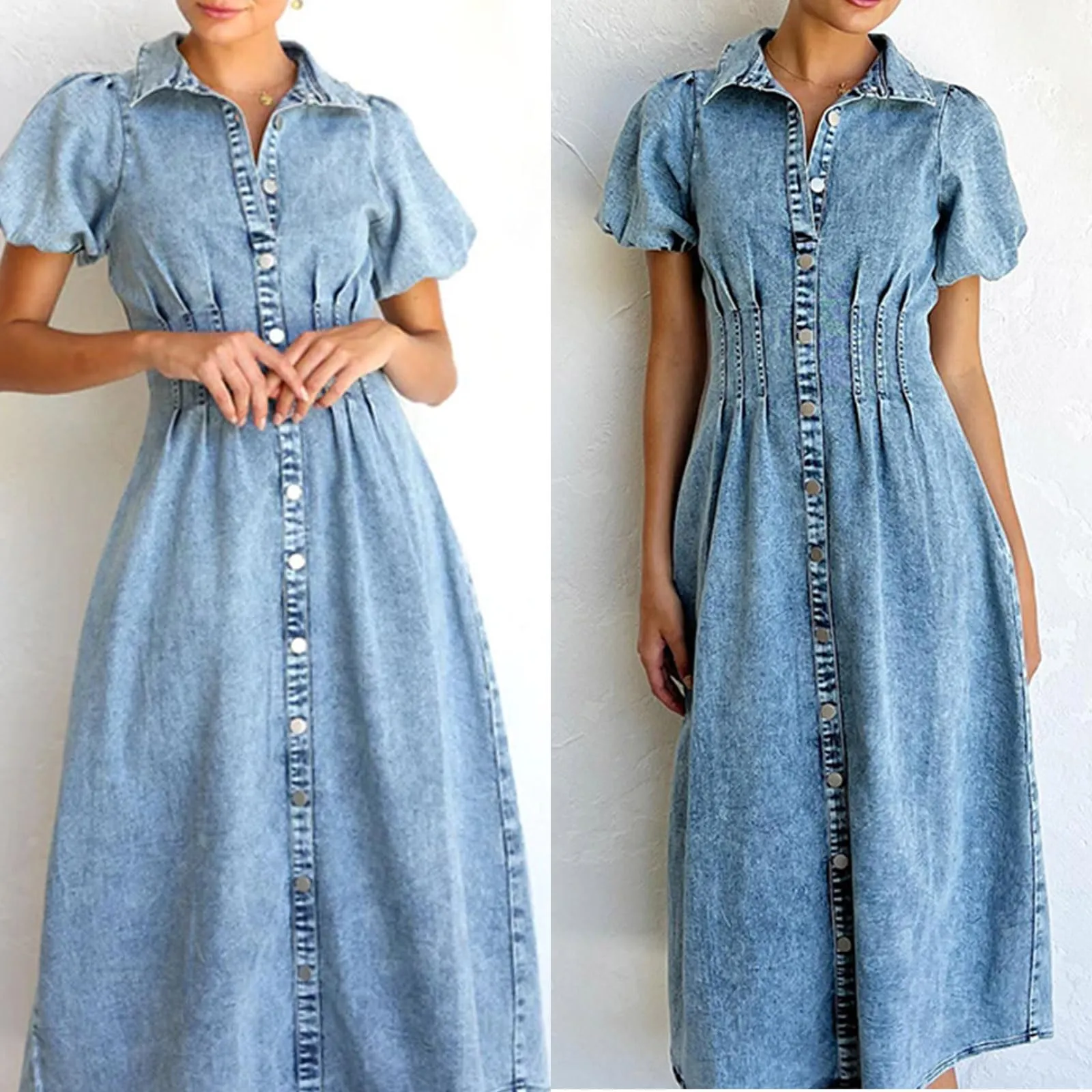 Chouyatou Women Long Denim Dress Puff Sleeve Button Down Casual Slim Fit Midi Jean Shirt Dress