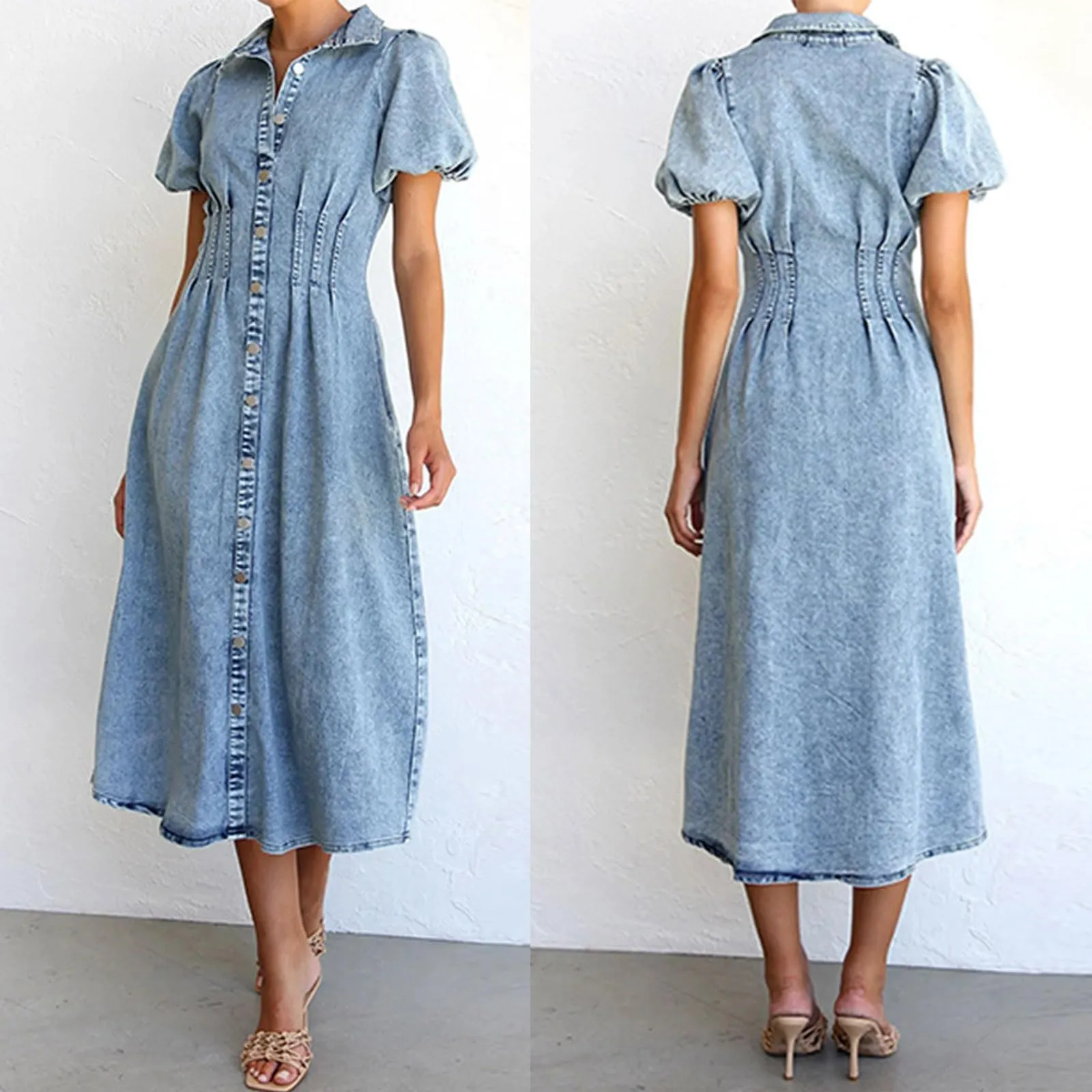Chouyatou Women Long Denim Dress Puff Sleeve Button Down Casual Slim Fit Midi Jean Shirt Dress