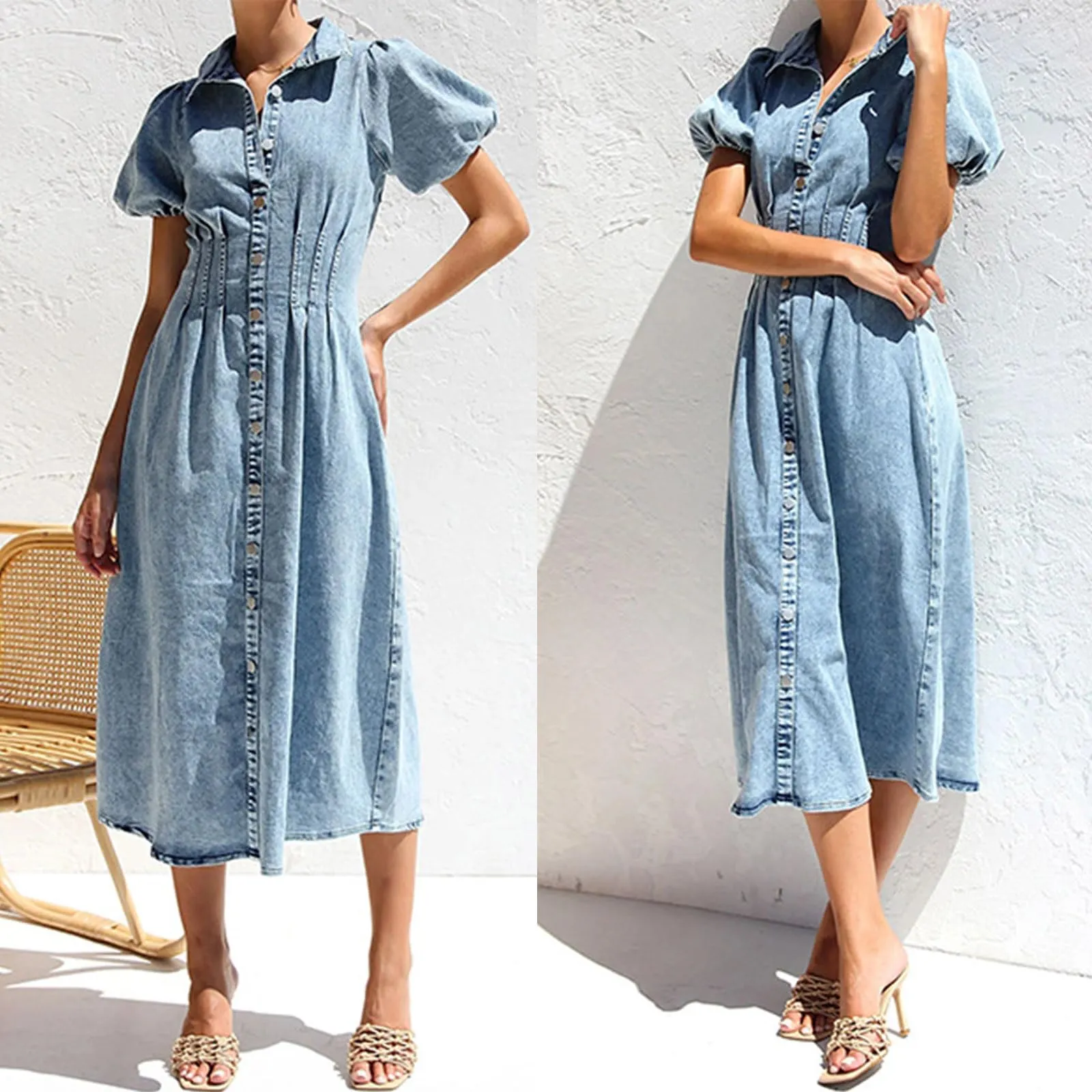 Chouyatou Women Long Denim Dress Puff Sleeve Button Down Casual Slim Fit Midi Jean Shirt Dress