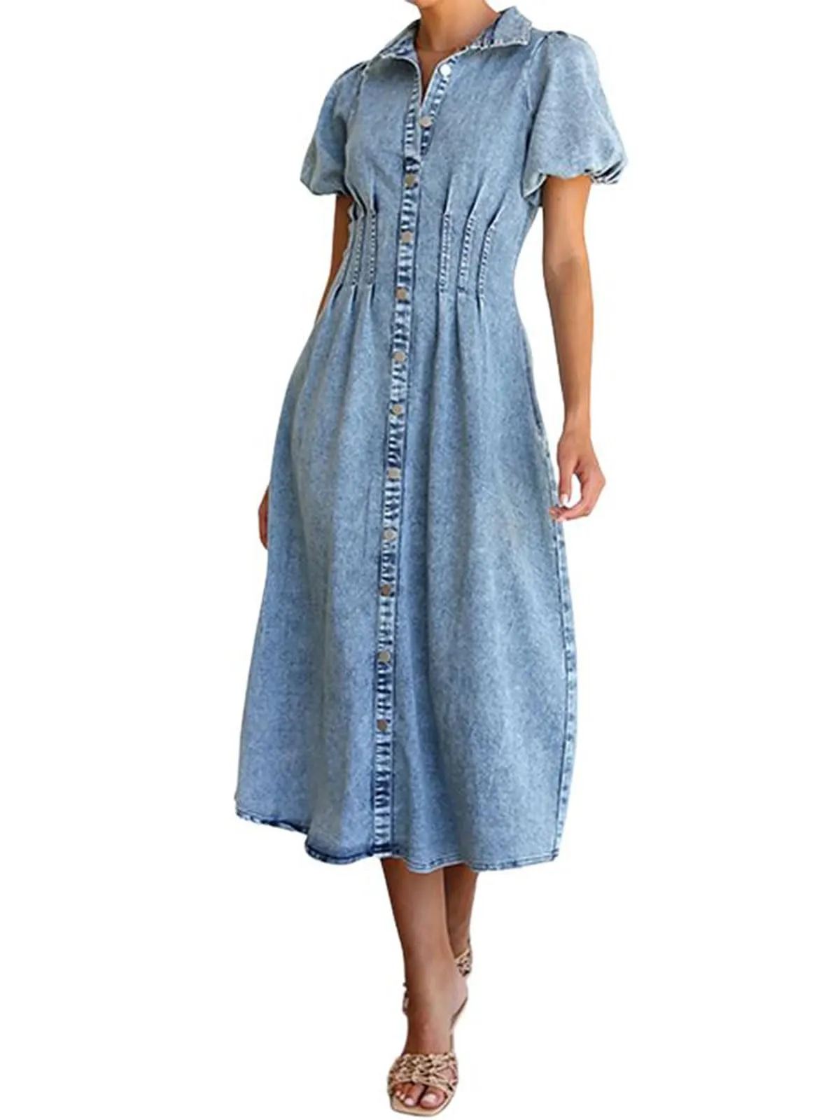 Chouyatou Women Long Denim Dress Puff Sleeve Button Down Casual Slim Fit Midi Jean Shirt Dress