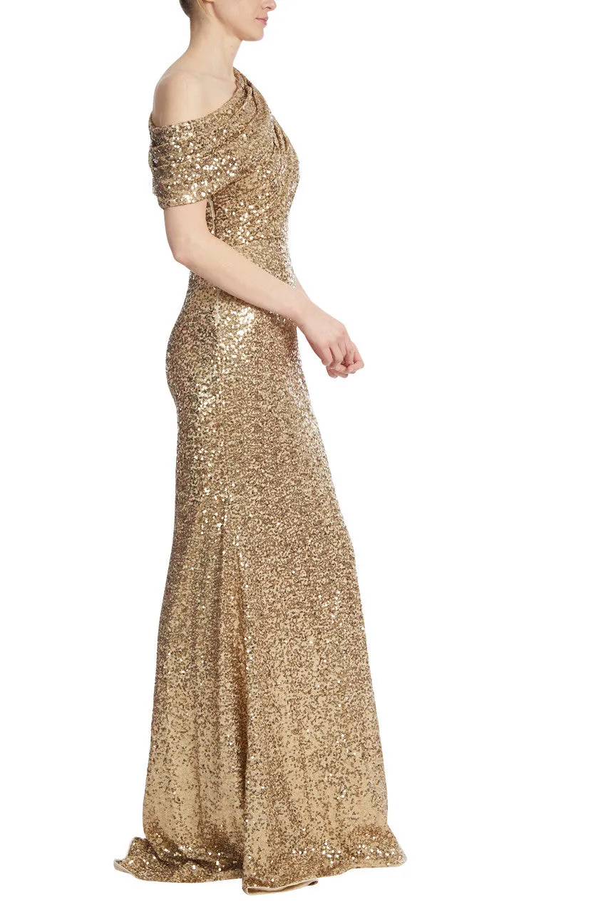 Draped One-Shoulder Sequin Gown - Gold