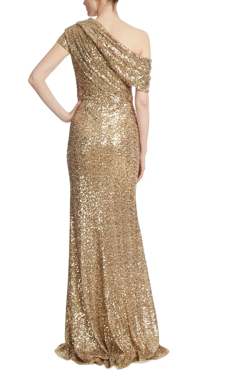 Draped One-Shoulder Sequin Gown - Gold