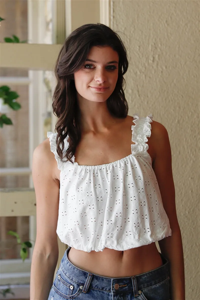 Embroidered Ruffle Trim Strap Sleeveless White Crop Top_