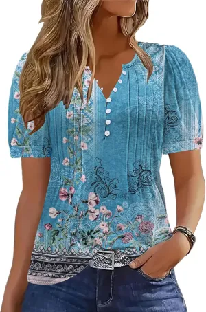 ETCYY Womens Shirts Dressy Casual Short Sleeve 2025 Summer Tops Spring V Neck Button Down Pleated Ladies Tunic Blouses