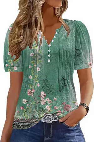 ETCYY Womens Shirts Dressy Casual Short Sleeve 2025 Summer Tops Spring V Neck Button Down Pleated Ladies Tunic Blouses