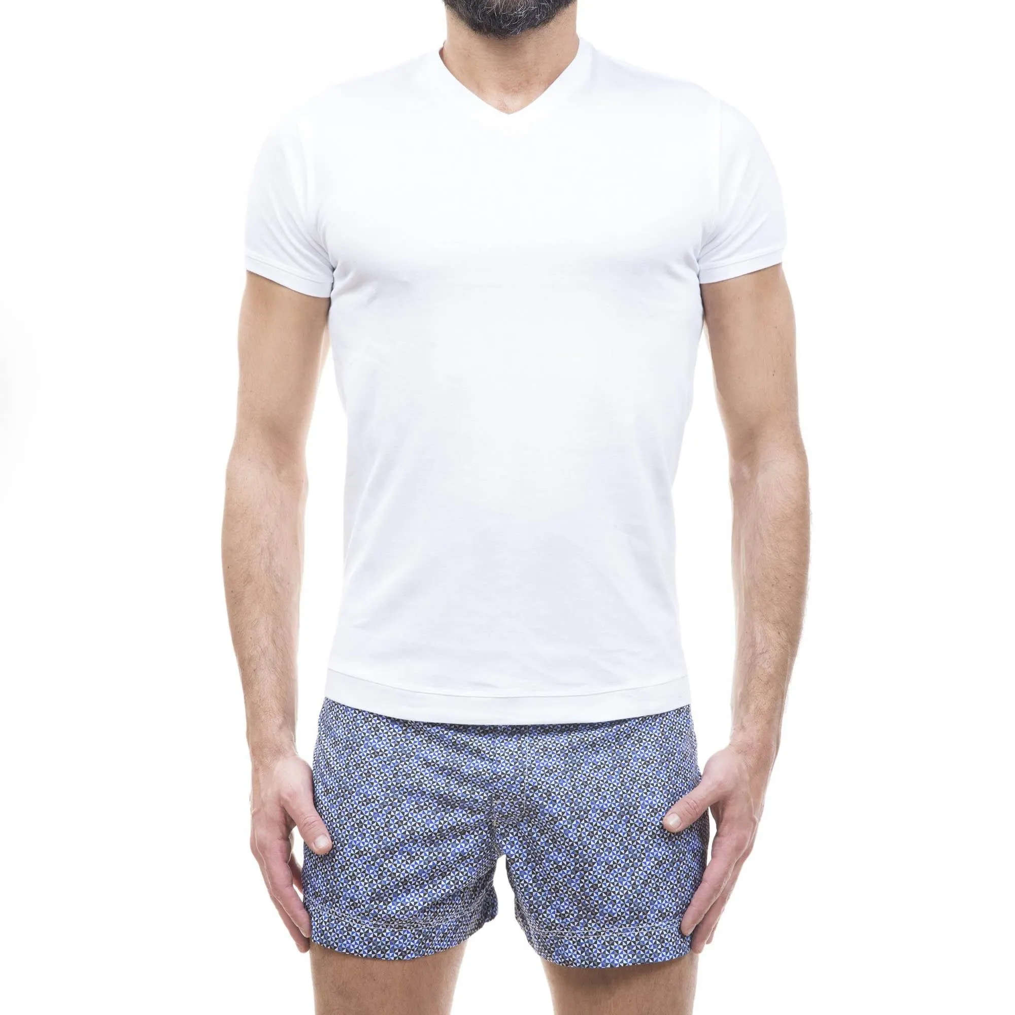 FITTED COTTON JERSEY V-NECK T-SHIRT WITH RAW EDGED SEAMS AND W LOGO INTERIOR PRINT