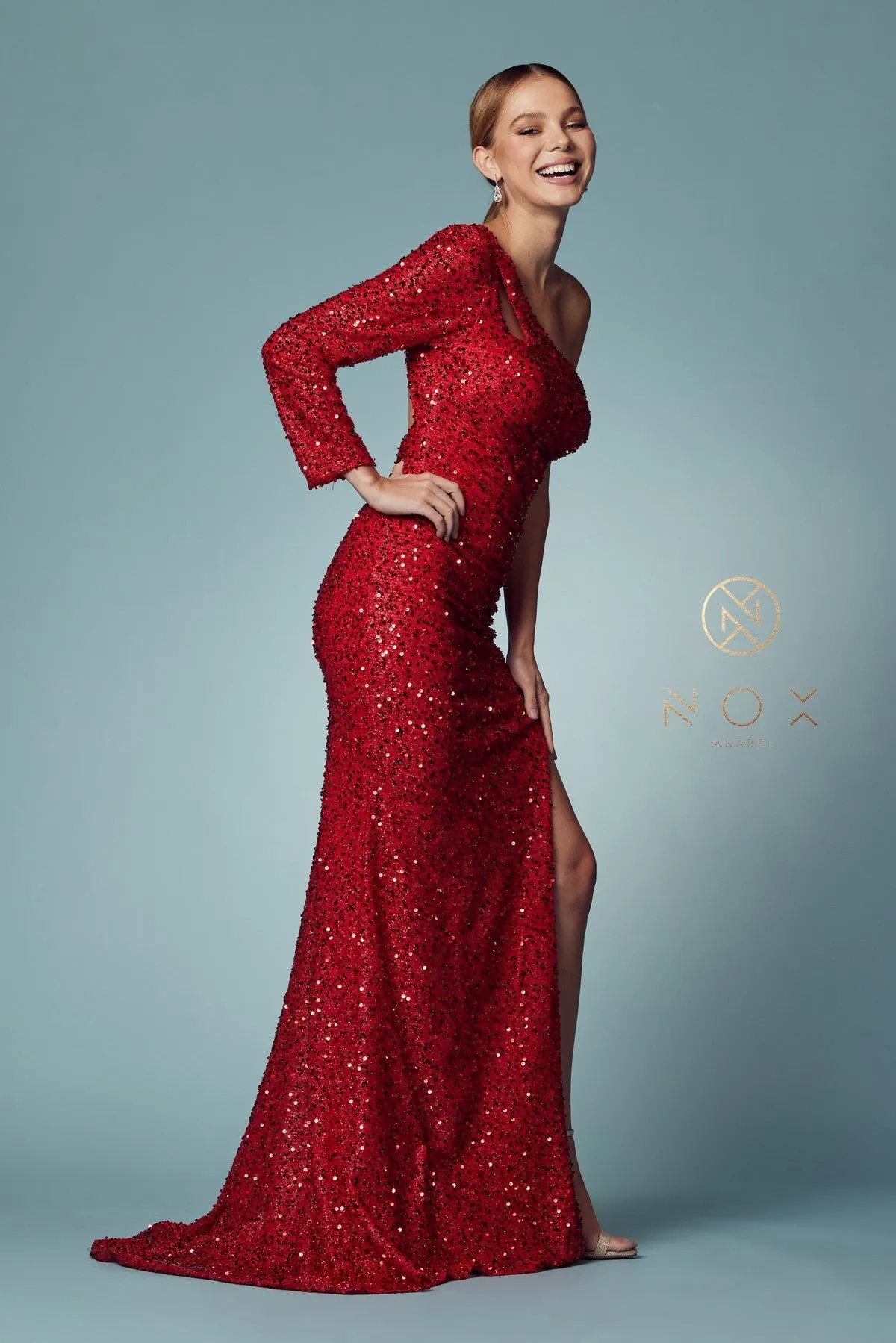 Fitted One Sleeve Sequin Gown by Nox Anabel S1013