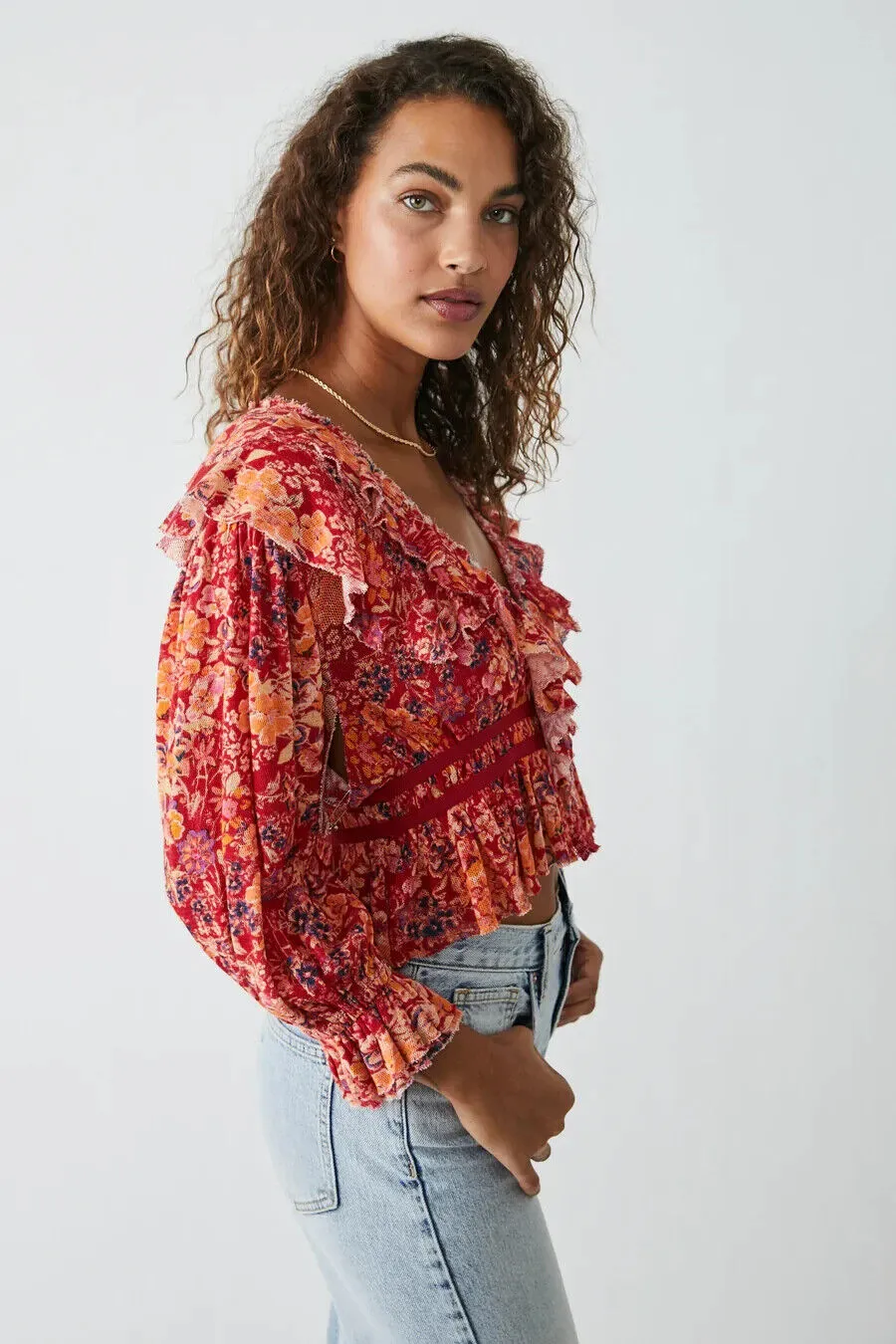 Free People Rudi Floral Printed Ruffle Cropped Top