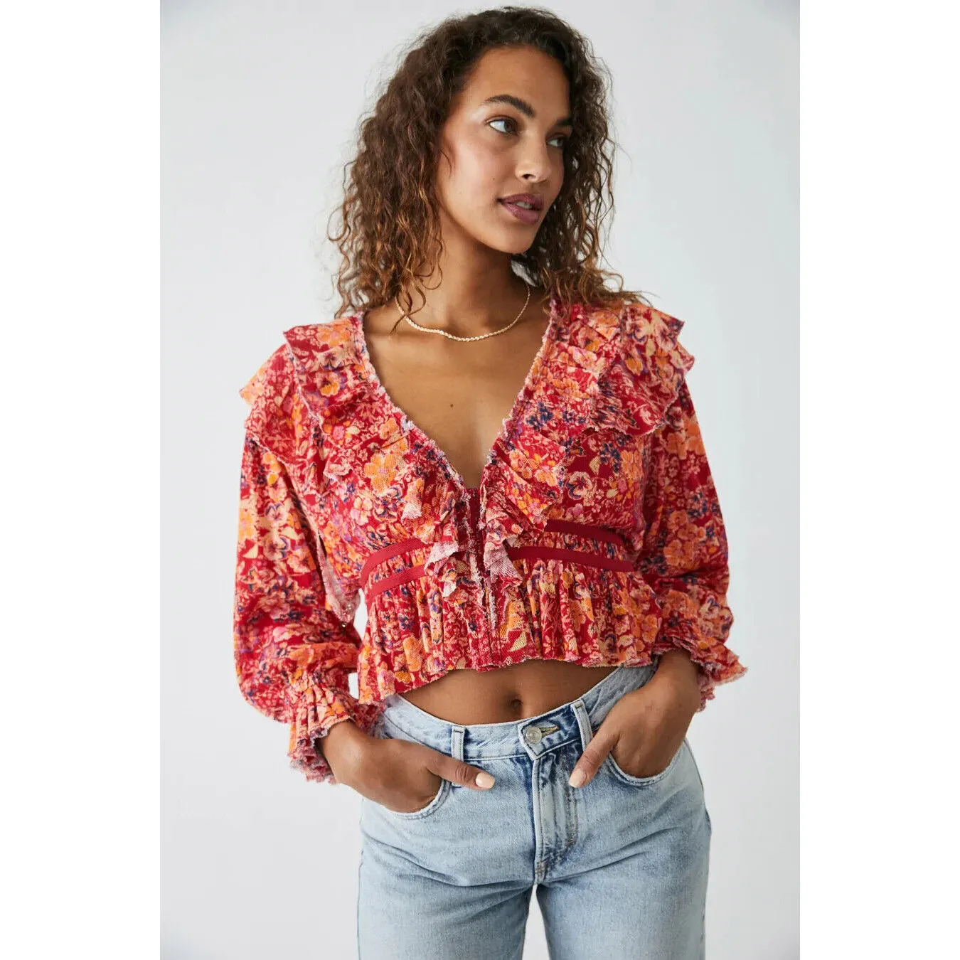Free People Rudi Floral Printed Ruffle Cropped Top