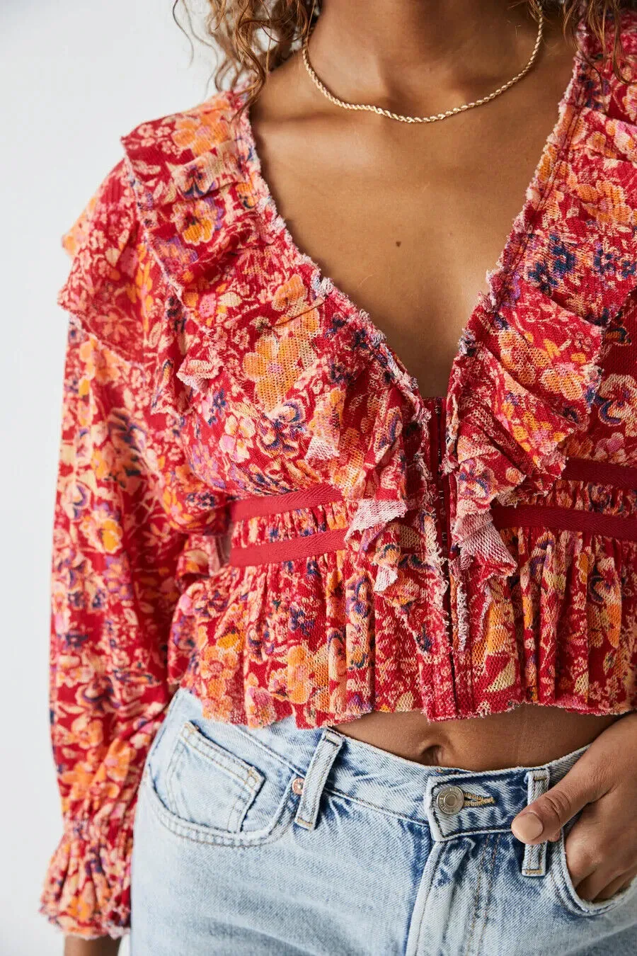 Free People Rudi Floral Printed Ruffle Cropped Top