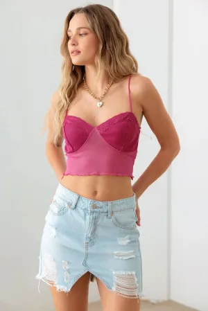 Fuchsia Delicate Lace Strappy Lettuce Hem Crop Top