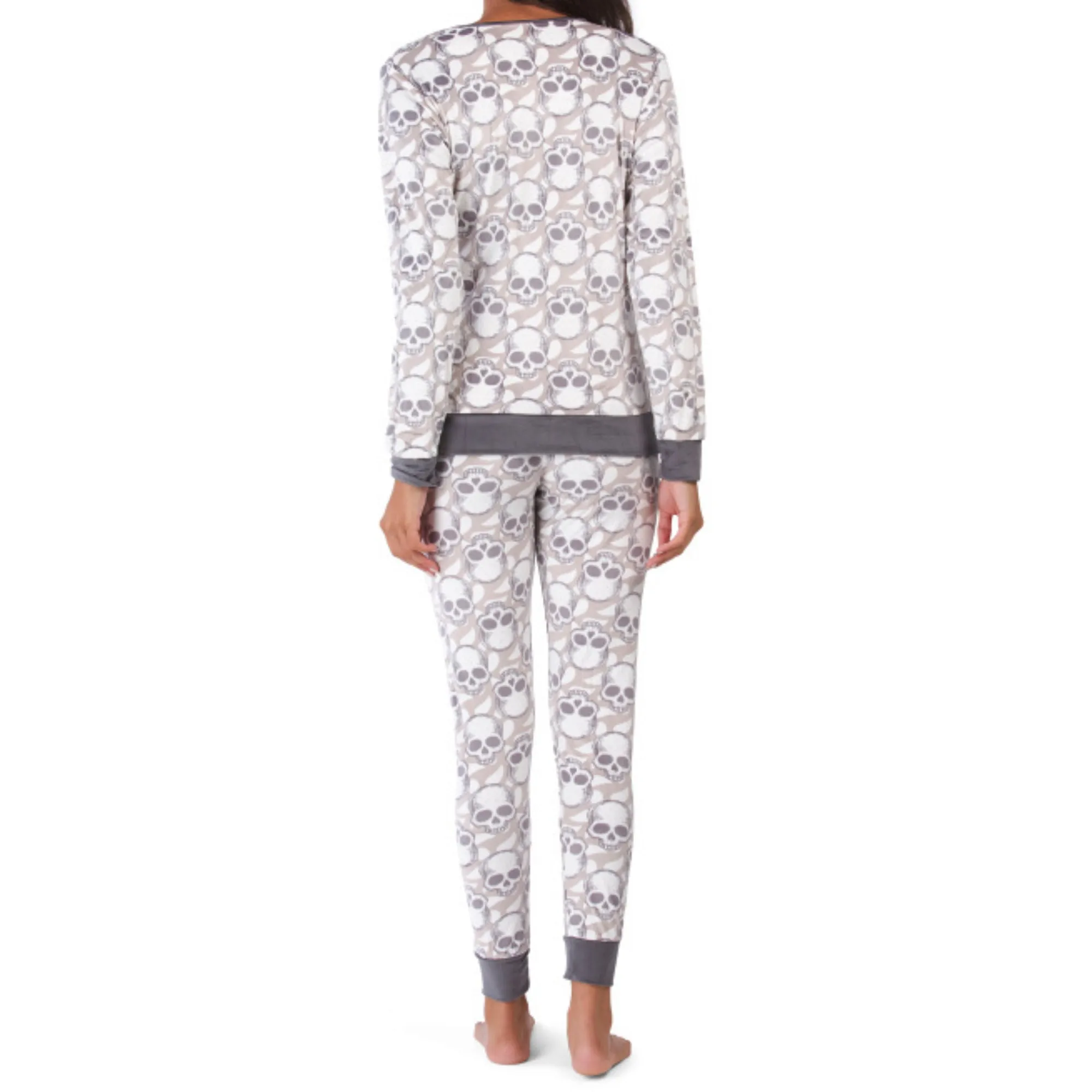 JOAN VASS Women's 2-Pc Super Soft PJ Velour Skull Print Lounge Pajama Set
