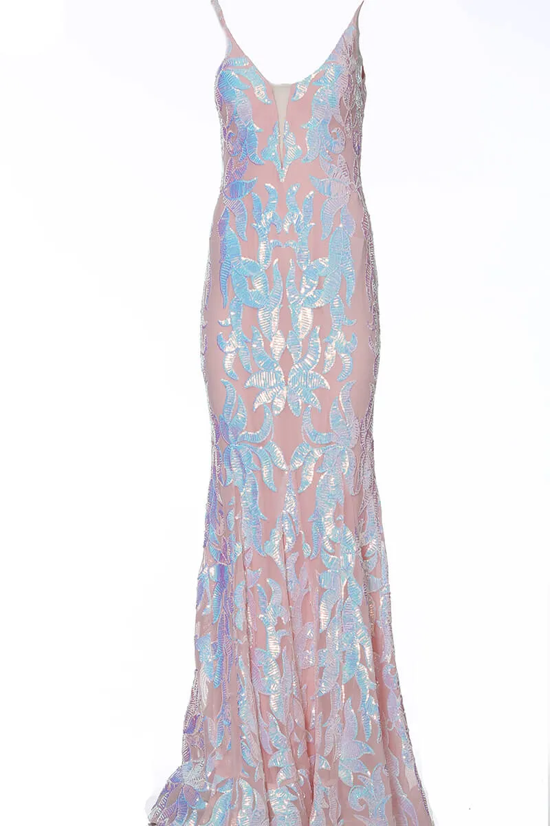 Jovani 3263  Mermaid Demask Sequin Prom Dress Pageant Gown V Back V Neck