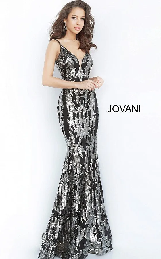 Jovani 3263  Mermaid Demask Sequin Prom Dress Pageant Gown V Back V Neck