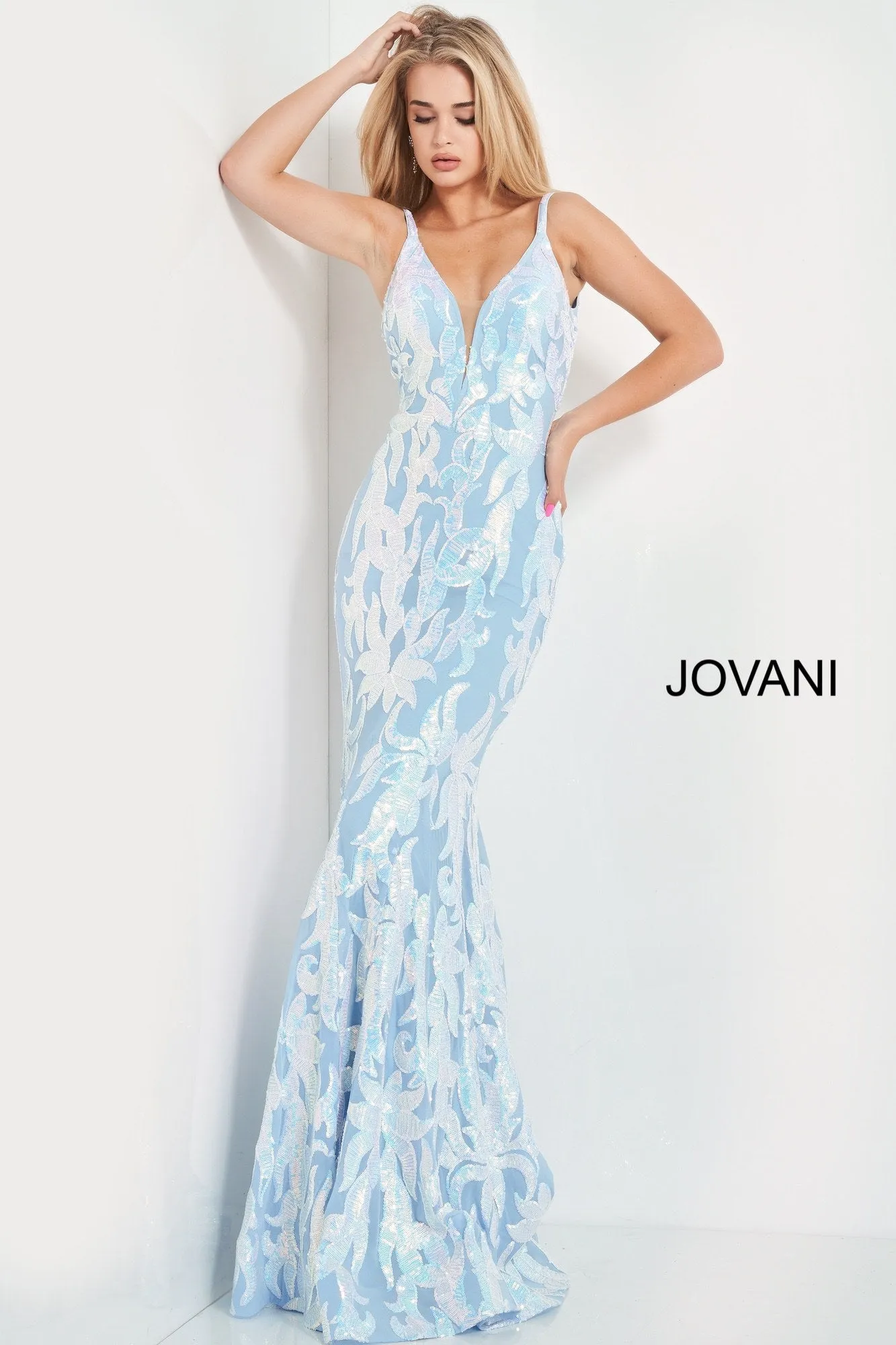 Jovani 3263  Mermaid Demask Sequin Prom Dress Pageant Gown V Back V Neck