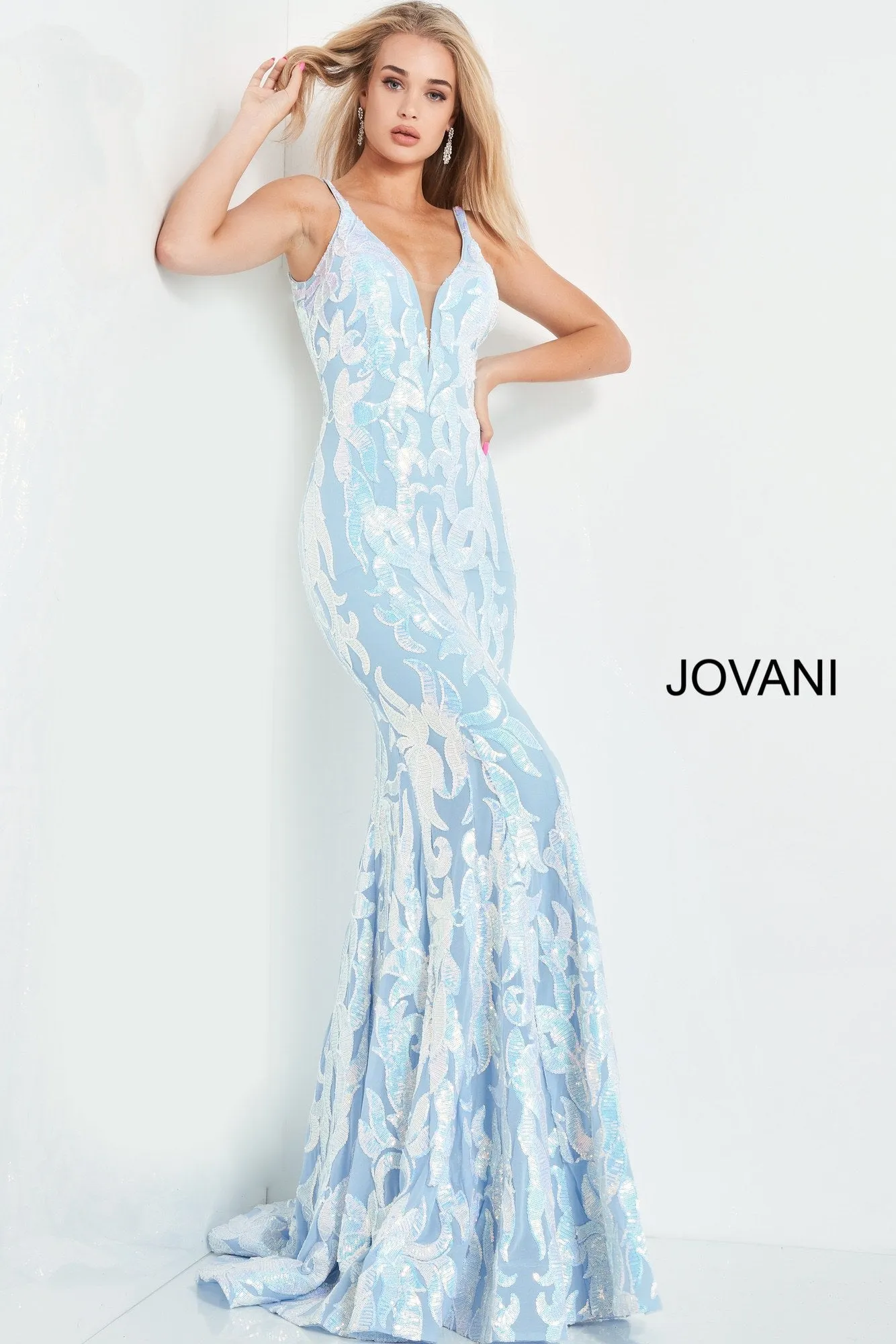 Jovani 3263  Mermaid Demask Sequin Prom Dress Pageant Gown V Back V Neck