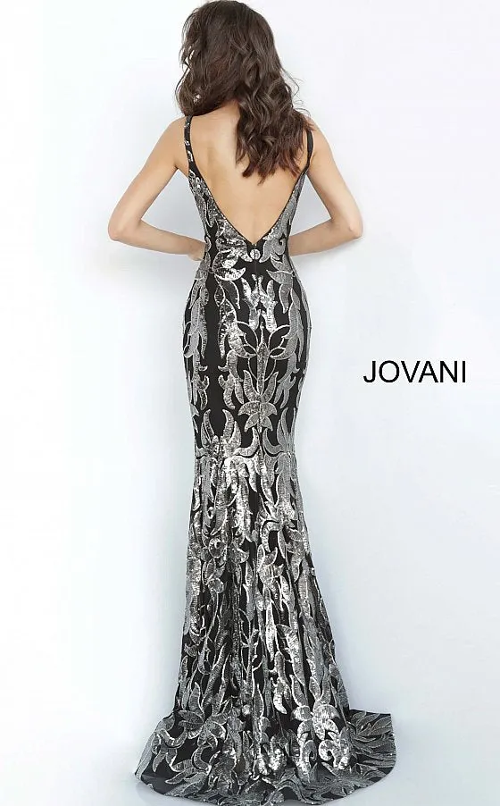 Jovani 3263  Mermaid Demask Sequin Prom Dress Pageant Gown V Back V Neck