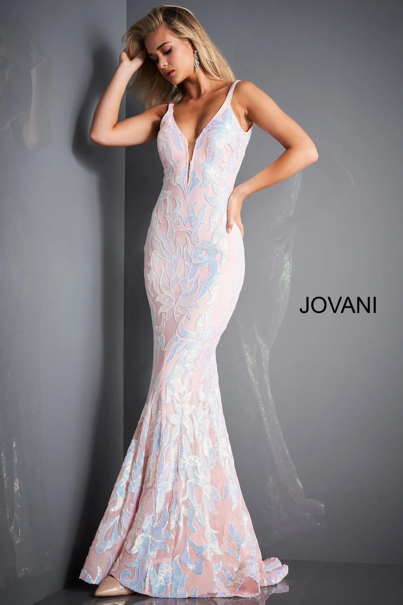Jovani 3263  Mermaid Demask Sequin Prom Dress Pageant Gown V Back V Neck