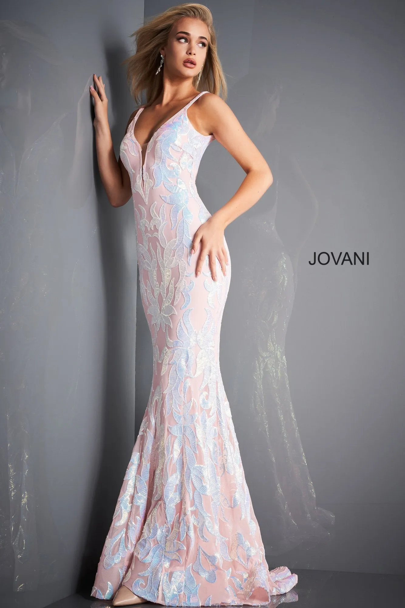 Jovani 3263  Mermaid Demask Sequin Prom Dress Pageant Gown V Back V Neck