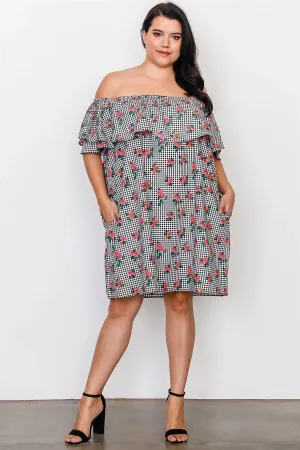 Junior Plus Size Black Flounce Off The Shoulder Side Pockets Mini Dress /2-2-2
