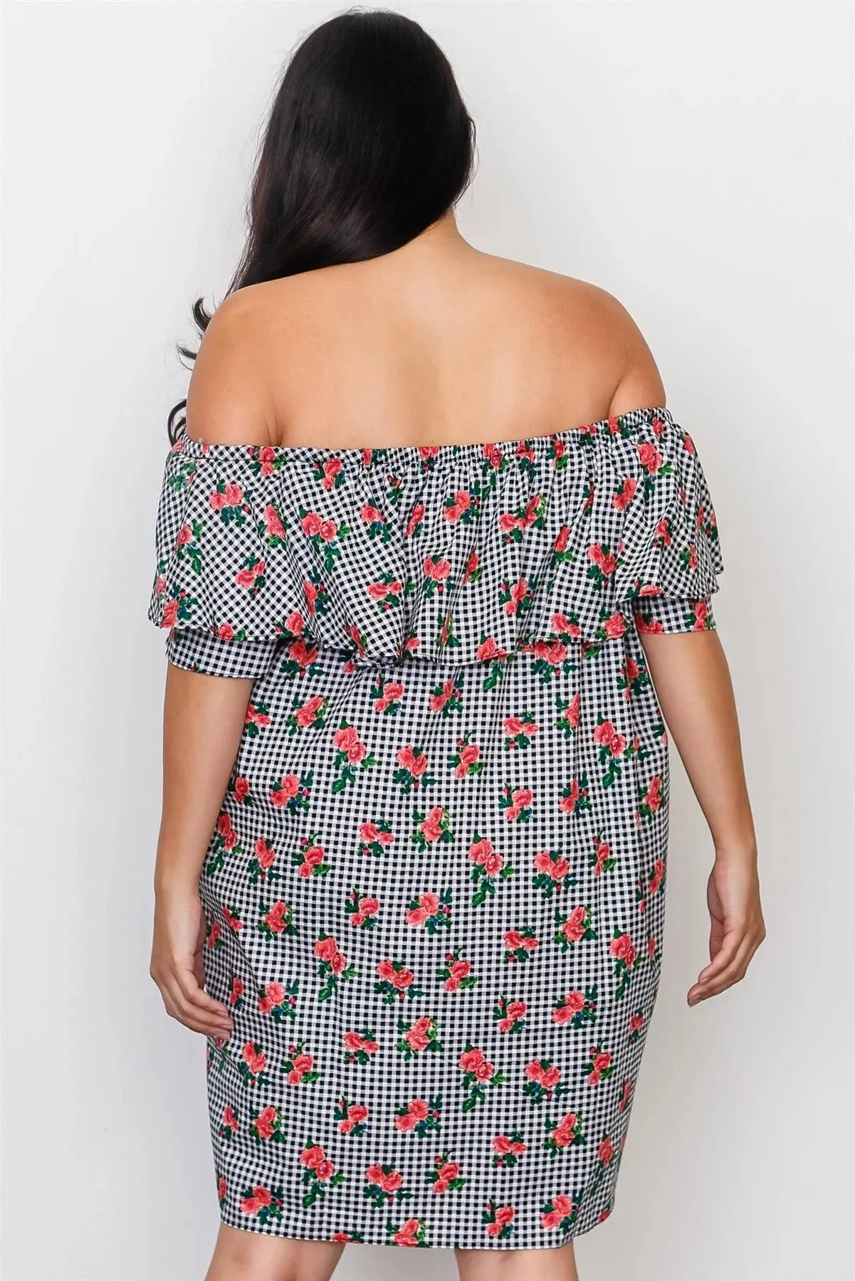 Junior Plus Size Black Flounce Off The Shoulder Side Pockets Mini Dress /2-2-2