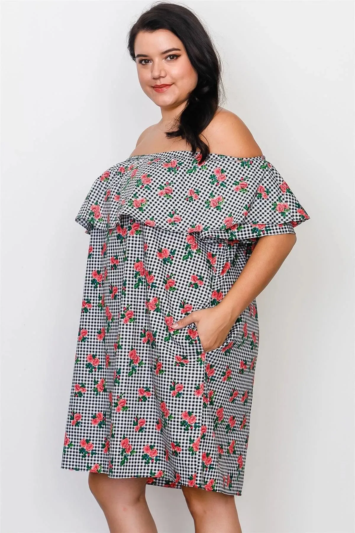 Junior Plus Size Black Flounce Off The Shoulder Side Pockets Mini Dress /2-2-2