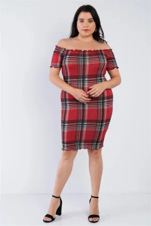 Junior Plus Size Red Off The Shoulder Plaid Dress /1-2-3
