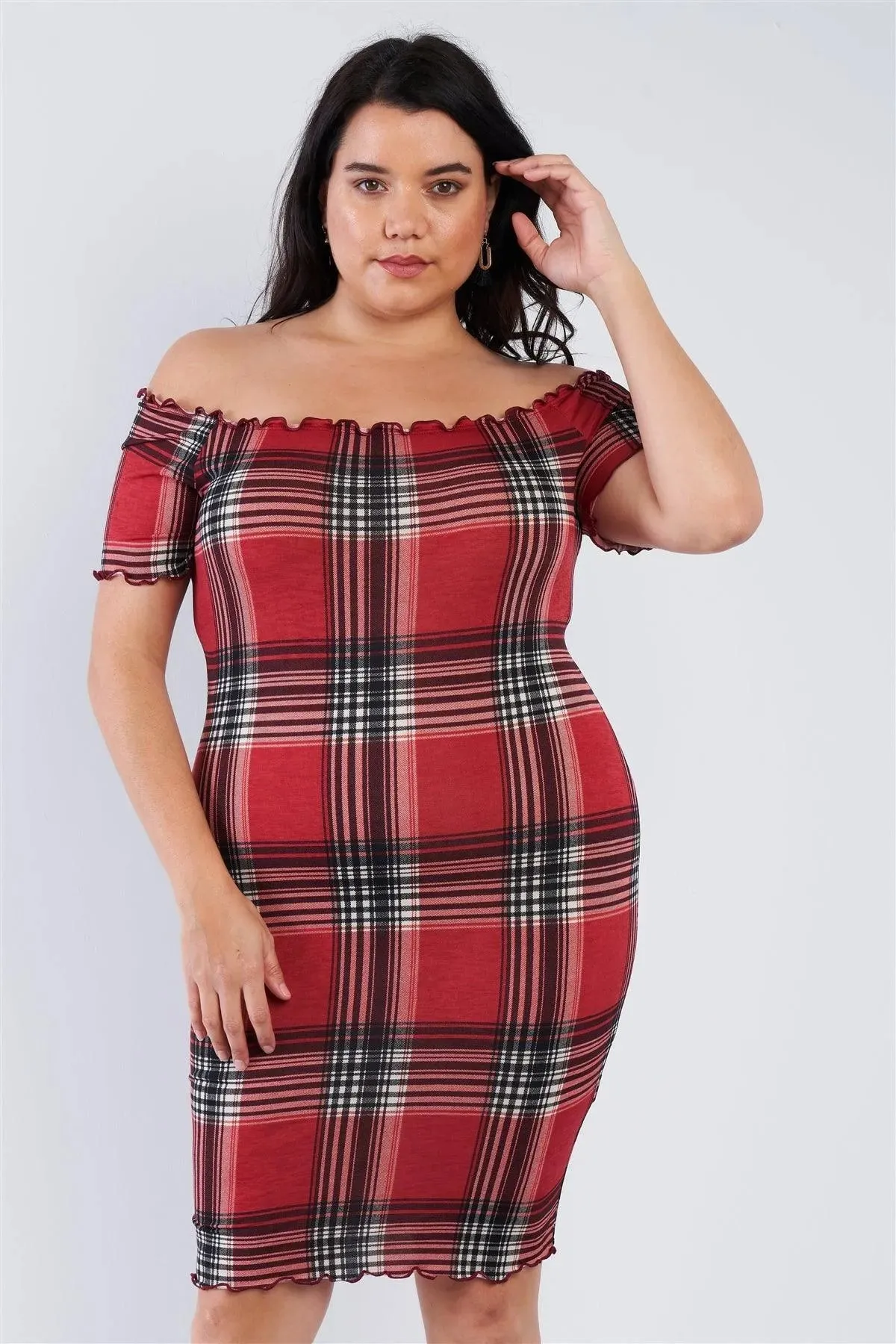 Junior Plus Size Red Off The Shoulder Plaid Dress /1-2-3