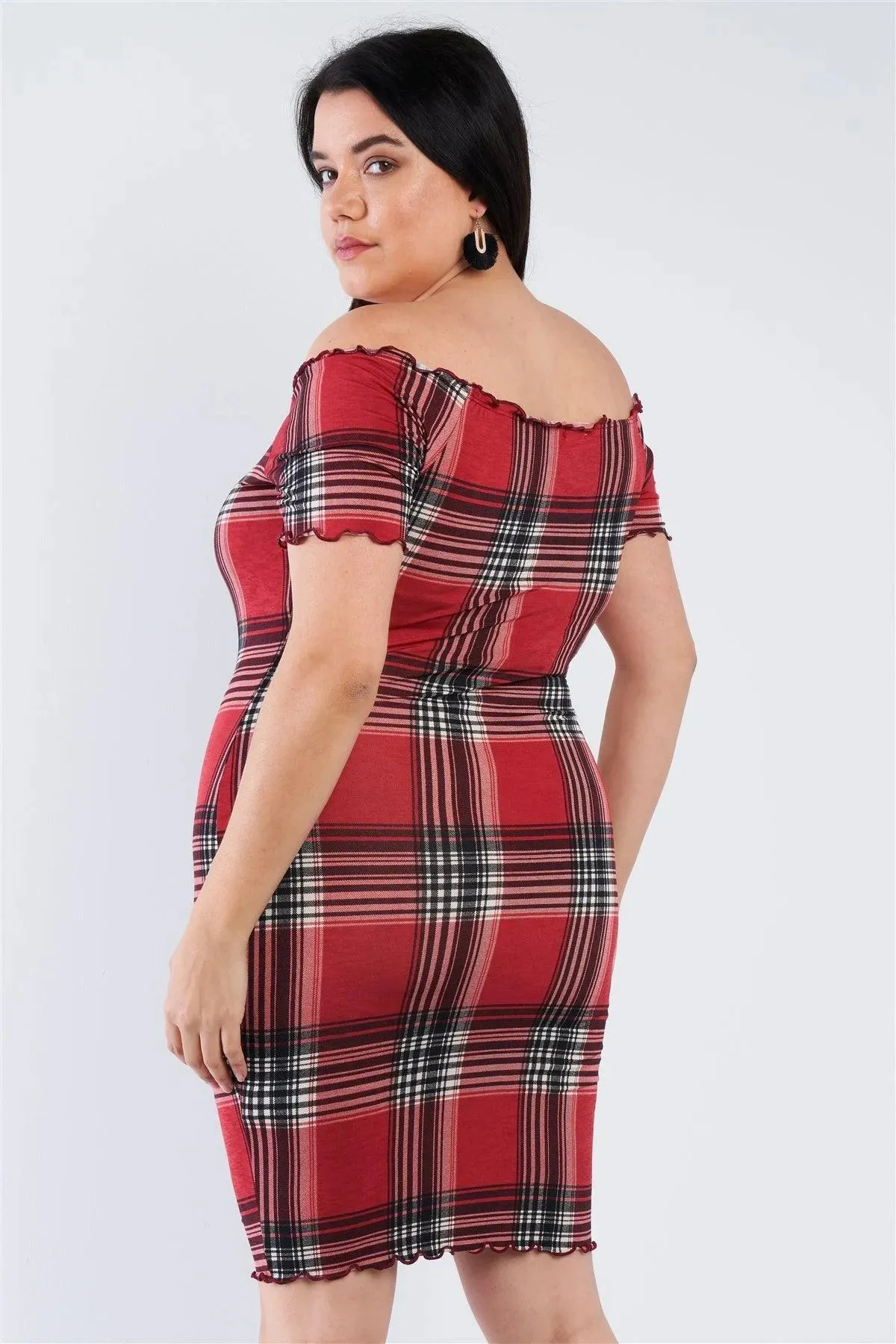 Junior Plus Size Red Off The Shoulder Plaid Dress /1-2-3