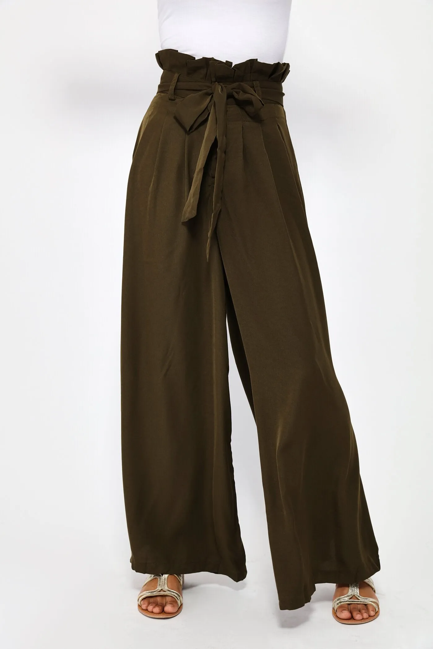 Khaki High Waisted Belted Palazzo Trousers