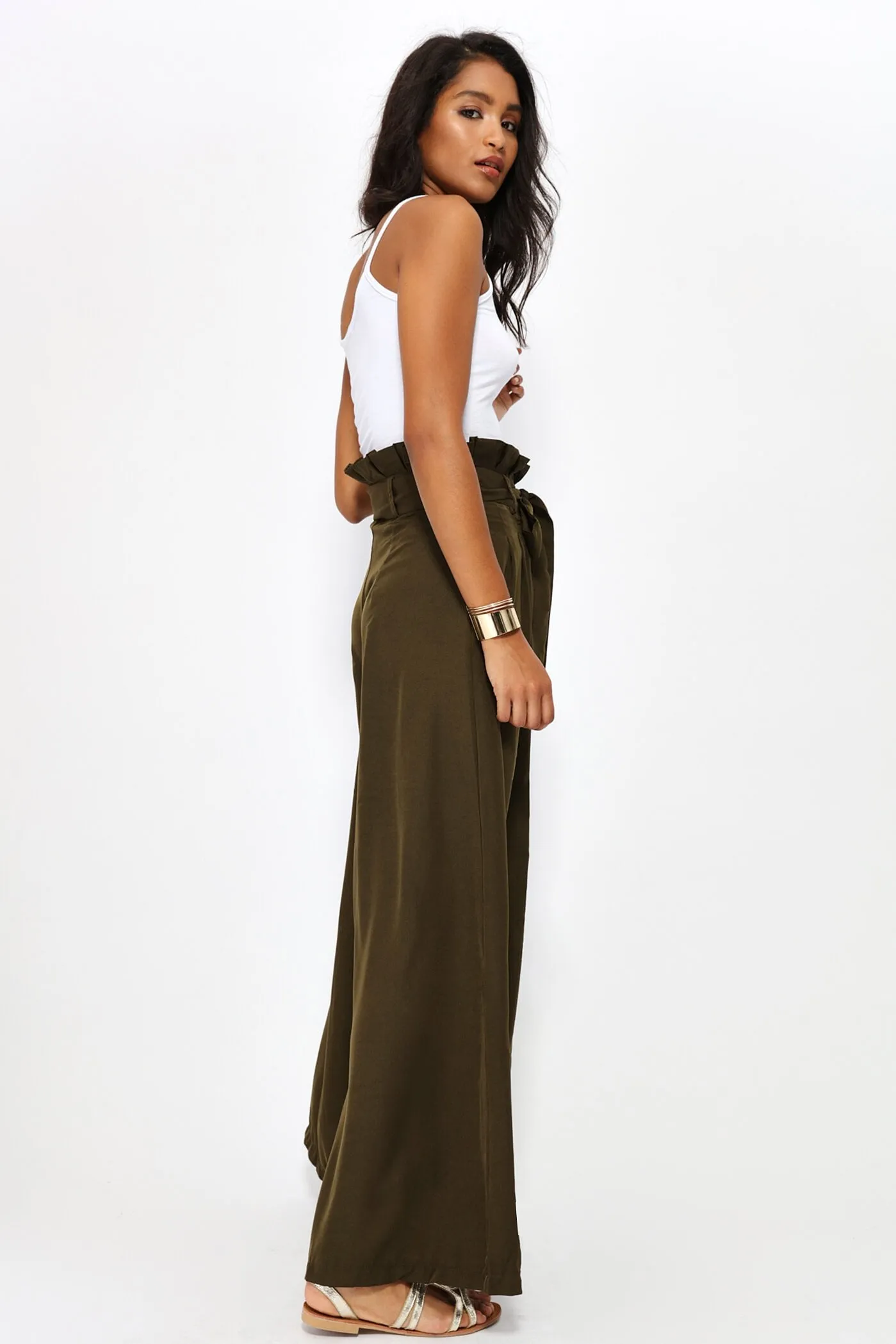 Khaki High Waisted Belted Palazzo Trousers